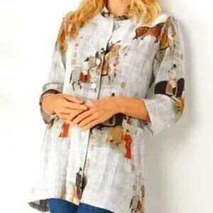 Soft Surroundings Song Dynasty Button Front Tunic Cardigan Asian Horses Sz Large